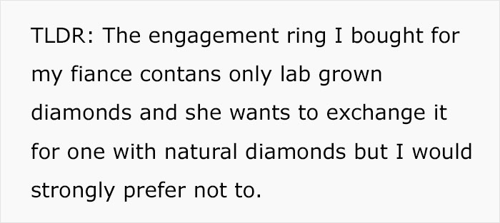 “AITA For Buying My Fiancée A Lab-Grown Diamond And Refusing To Exchange It For A Natural Stone?” “AITA For Buying My Fiancée A Lab-Grown Diamond And Refusing To Exchange It For A Natural Stone?”
