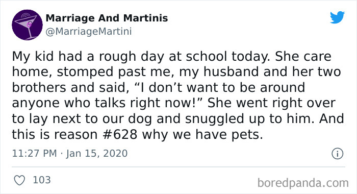 Tweet from Marriage And Martinis IG page sharing a relatable family moment about kids, pets, and humor in marriage.