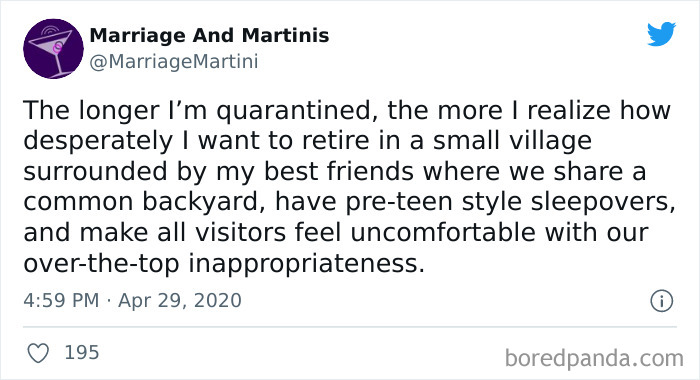Tweet from Marriage And Martinis IG page about quarantine, friendship, and humorous reflections on social life and sleepovers.