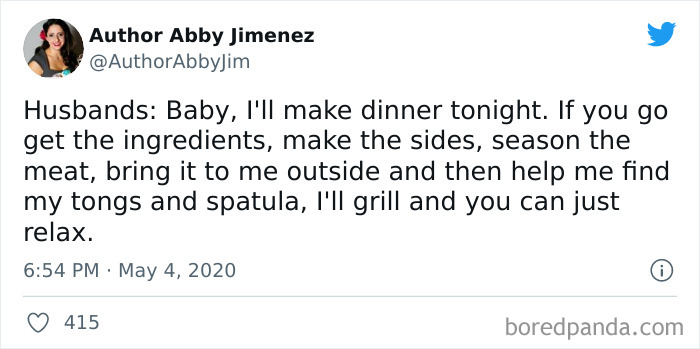 Tweet from Marriage and Martinis IG page humorously describing a husband offering to cook dinner with playful partner tasks.