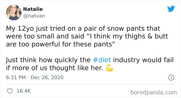 Tweet from Marriage and Martinis IG page humor about powerful thighs in tight snow pants, highlighting body positivity and diet industry critique.