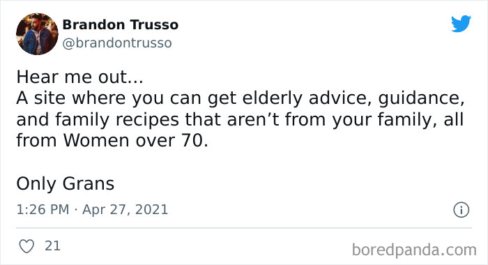 Tweet post from Brandon Trusso sharing humorous family advice and recipes, related to marriage and martinis humor.