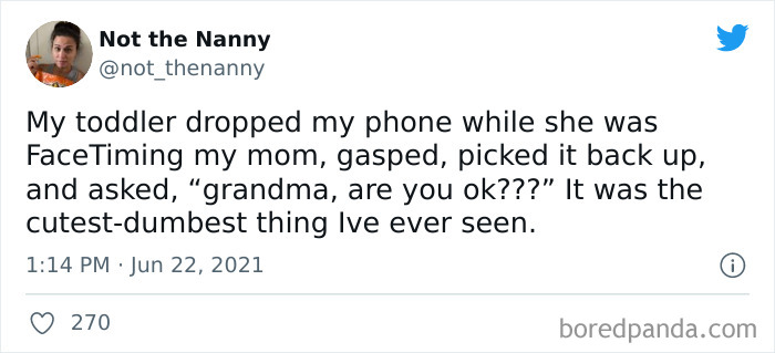 Toddler dropping phone during FaceTime, asking grandma if she’s okay, a funny and relatable marriage and martinis post.