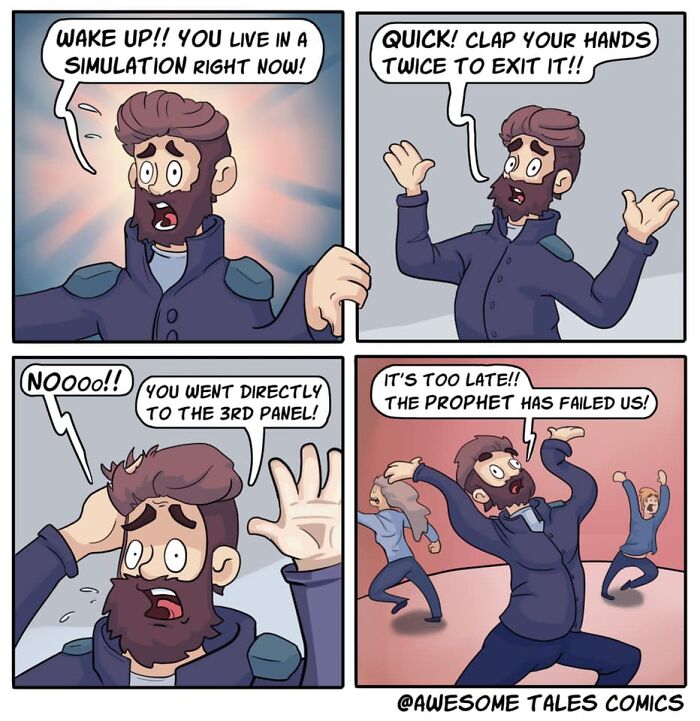 Comic strip with absurd situations showing a man reacting to simulation and unexpected endings in animated style.