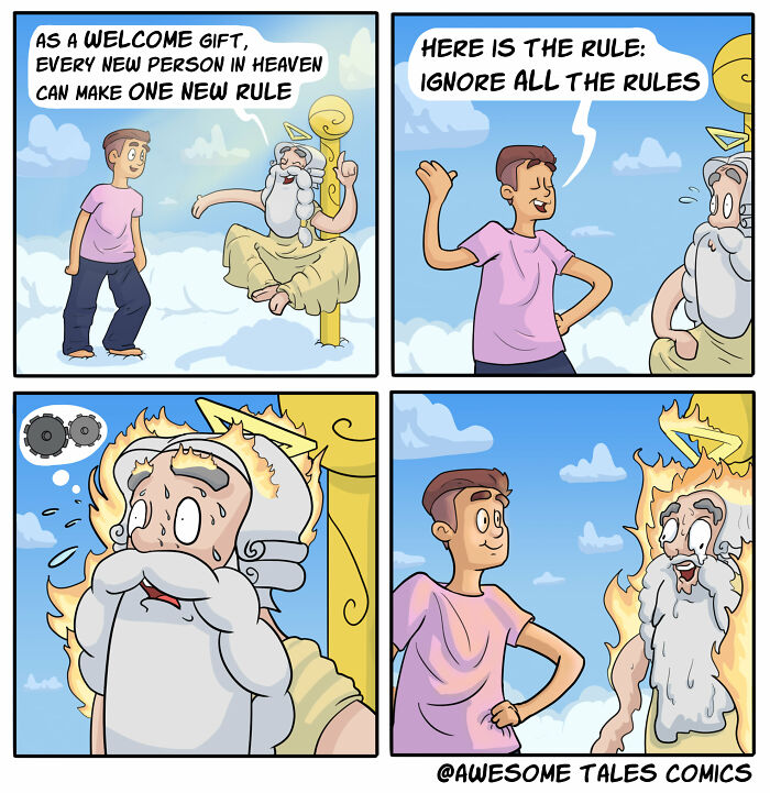 Comic strip showing absurd situations with unexpected endings, featuring playful rule-breaking in a heavenly setting by an artist.
