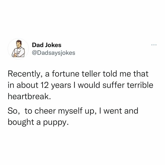 A punny dad joke about buying a puppy after a fortune teller's prediction of heartbreak in 12 years.