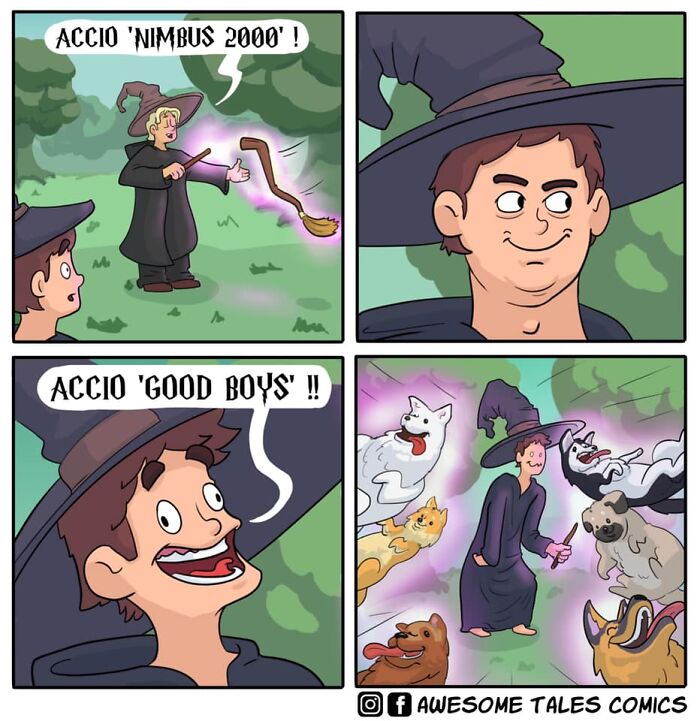 Comic strip showing absurd situations with magical spells summoning pets, highlighting unexpected endings in artist's work.