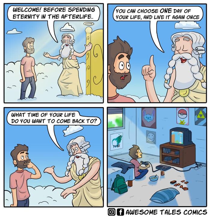 Comic showing absurd situation where a man in afterlife chooses a day from his life to relive unexpectedly.