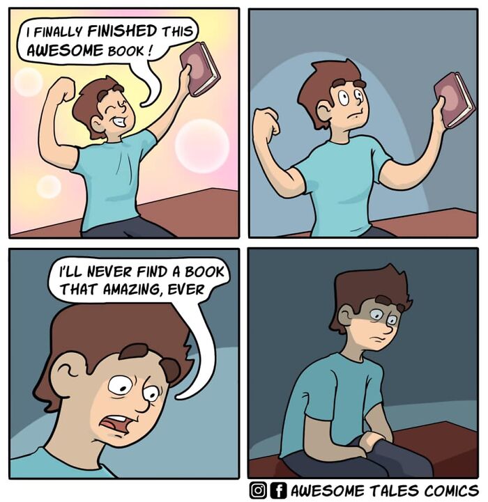 Comic strip showing a man finishing a book, then feeling disappointed, highlighting absurd situations and unexpected endings.
