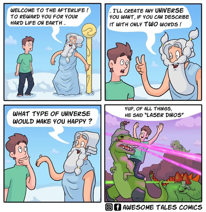 Comic strip depicting absurd situations and unexpected endings with a man riding laser-shooting dinosaurs in a fantasy universe.