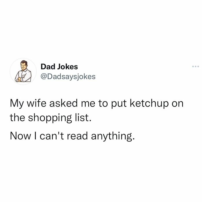Twitter post from Dad Jokes account with a pun about ketchup on a shopping list.