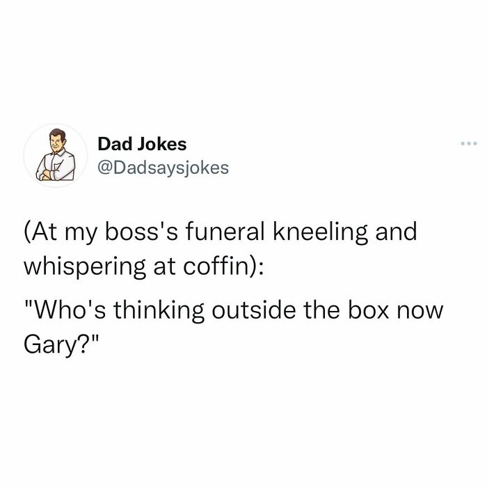 Text from an Instagram account featuring a punny dad joke about a boss's funeral.