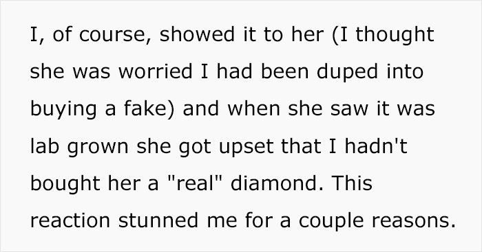 “AITA For Buying My Fiancée A Lab-Grown Diamond And Refusing To Exchange It For A Natural Stone?” “AITA For Buying My Fiancée A Lab-Grown Diamond And Refusing To Exchange It For A Natural Stone?”