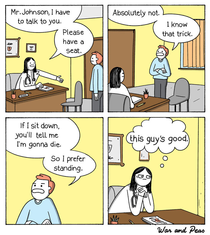 Comic strip with unexpected plot twists showing a patient avoiding bad news from a doctor in a humorous way.