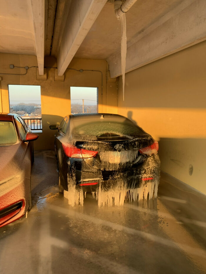 Guy Parks On The Stripes Thinking He Can Avoid The Freezing Rain Only To Be Under A Leaky Pipe