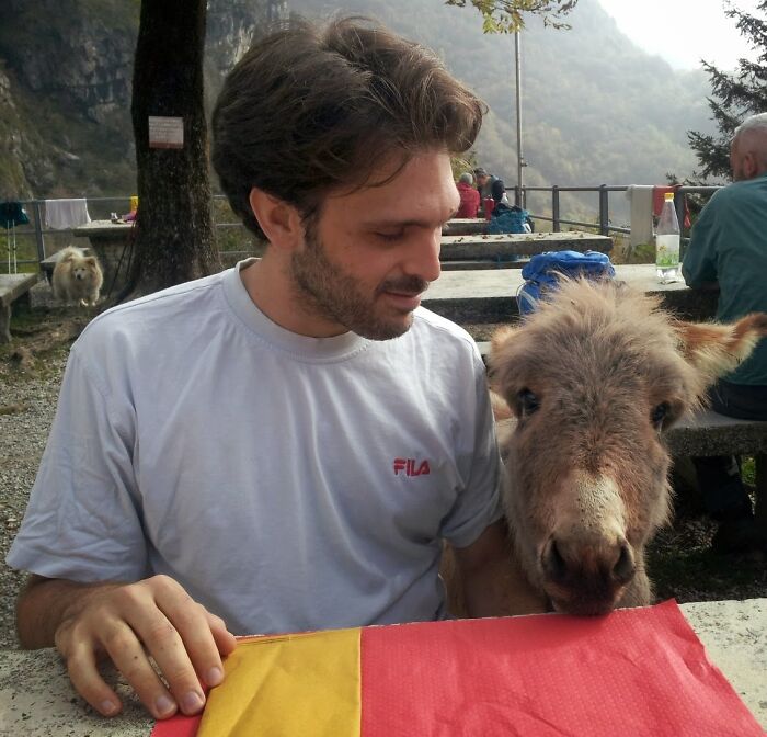 Man in a white shirt sitting outdoors next to a cute donkey at a picnic table in a mountainous area.