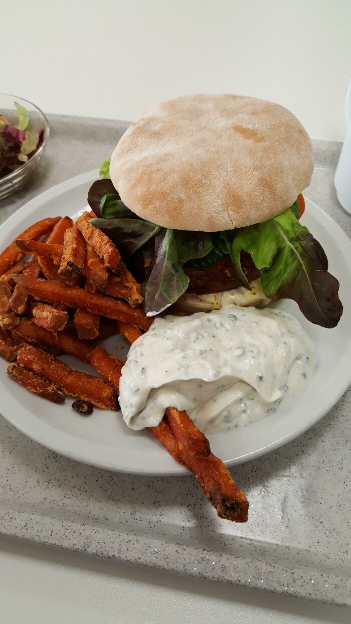 School lunch featuring a sandwich with lettuce, sweet potato fries, and creamy herb dipping sauce on a white plate.
