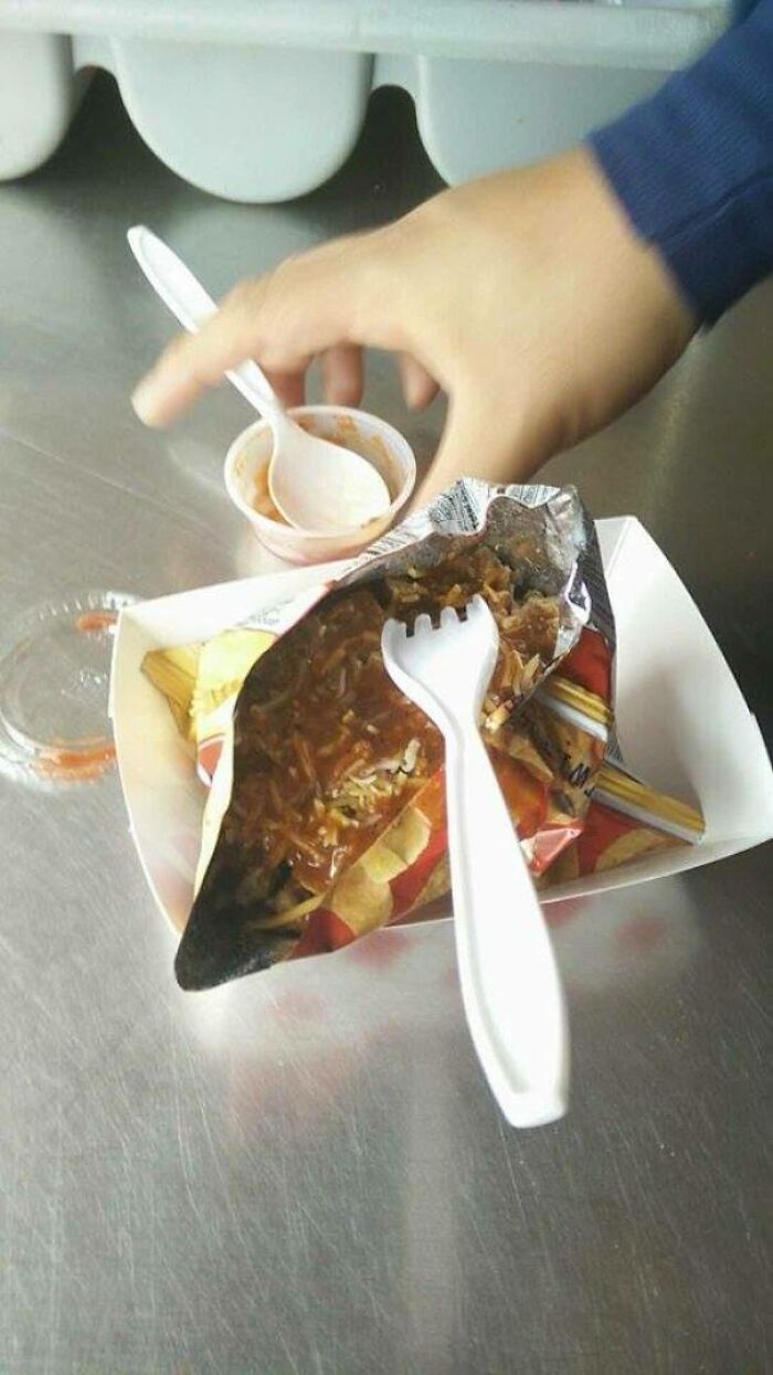 My School Cafeteria Calls This The Walking Taco, Beef, Cheese, Salsa, And Fritos Tossed Up In The Bag