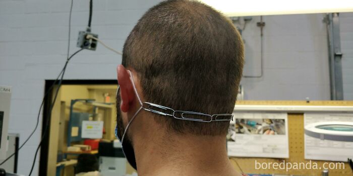 My Coworkers Ear Got Blisters From Wearing The Surgical Mask. My Easy And Cheap Solution, 4 Large Paper Clips