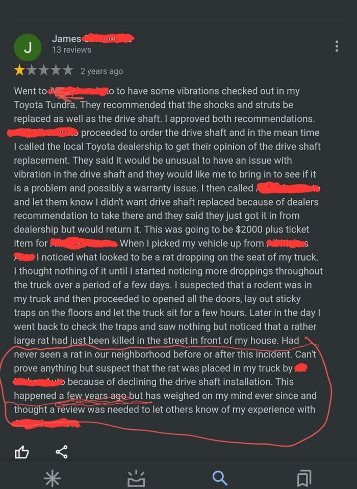 Dude Claims We Planted An Attack Rat In His Truck. Leaves A 1 Star Review Years After The Fact. Can't Make This S**t Up.