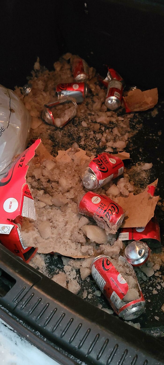 This Is What Happens When You Leave A Case Of Pop In The Truck Of Your Car When The Overnight Temperature Is -32°C