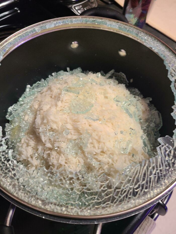 Extra Crunchy Rice, Courtesy Of My Roommate Resting The Glass Lid Over A Hot Burner For A Few Minutes By Accident. 1/10 Flavor, 10/10 Pain