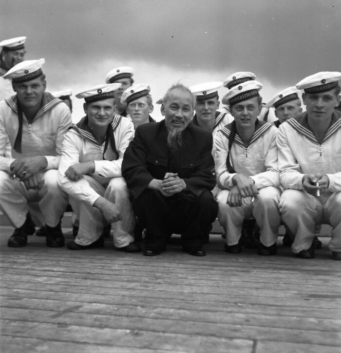 Vietnamese Communist Leader Ho Chi Minh With East German Sailors In Stralsund Harbour, 1957