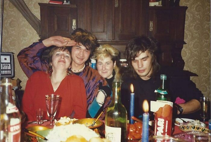 Viktor Tsoi With Marianna Tsoi, Joanna Stingray, Yuri Kasparyan. New Year's Eve Celebration. Photo By Anne Chantal-Petter, USSR, 1986