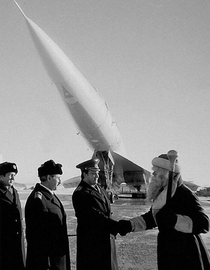 Grandfather Frost Greeting The Crew Of The Tu-144 Supersonic Airliner, Alma-Ata Airport, Kazakh SSR, 1977