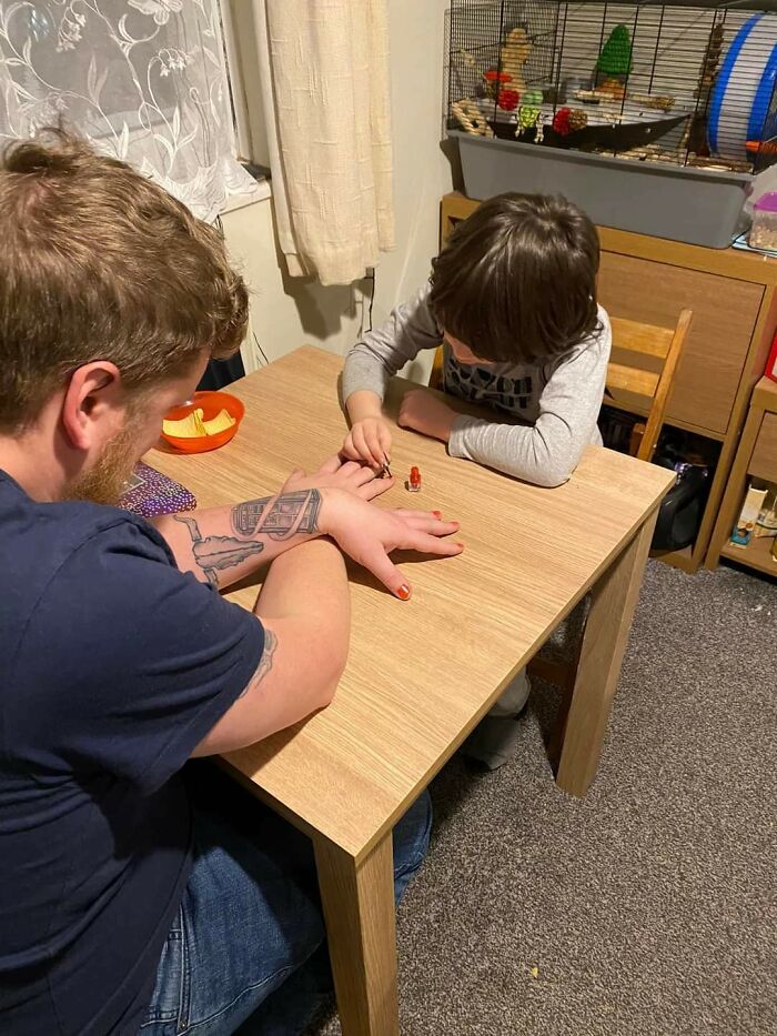 My 6-Year-Old Step Son Wanted Nail Varnish For X-Mas So We Got Him It And Did His Nails X-Mas Day. His Nan Is Old Fashioned And Didn't Approve So He Scratched It Off