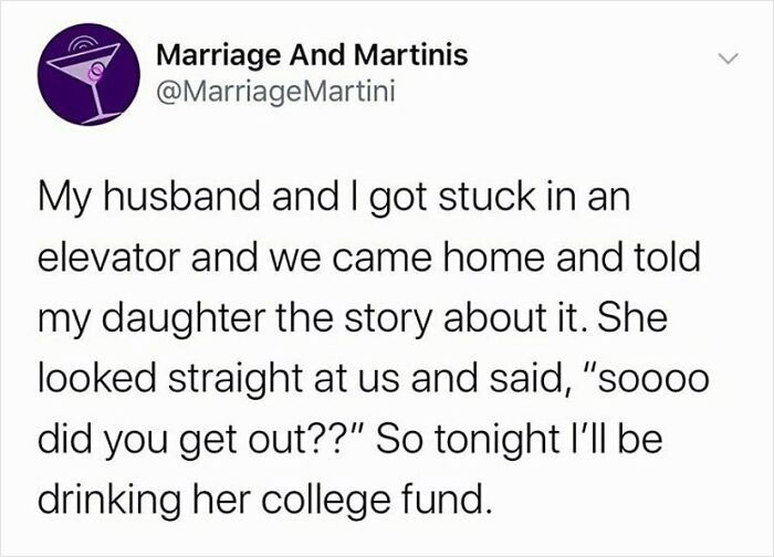 Screenshot of a funny marriage and martinis Instagram post about being stuck in an elevator and a daughter's witty response.