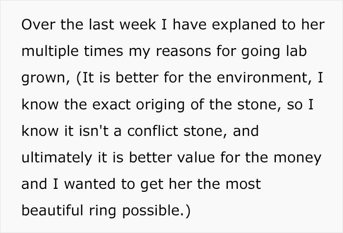 “AITA For Buying My Fiancée A Lab-Grown Diamond And Refusing To Exchange It For A Natural Stone?” “AITA For Buying My Fiancée A Lab-Grown Diamond And Refusing To Exchange It For A Natural Stone?”