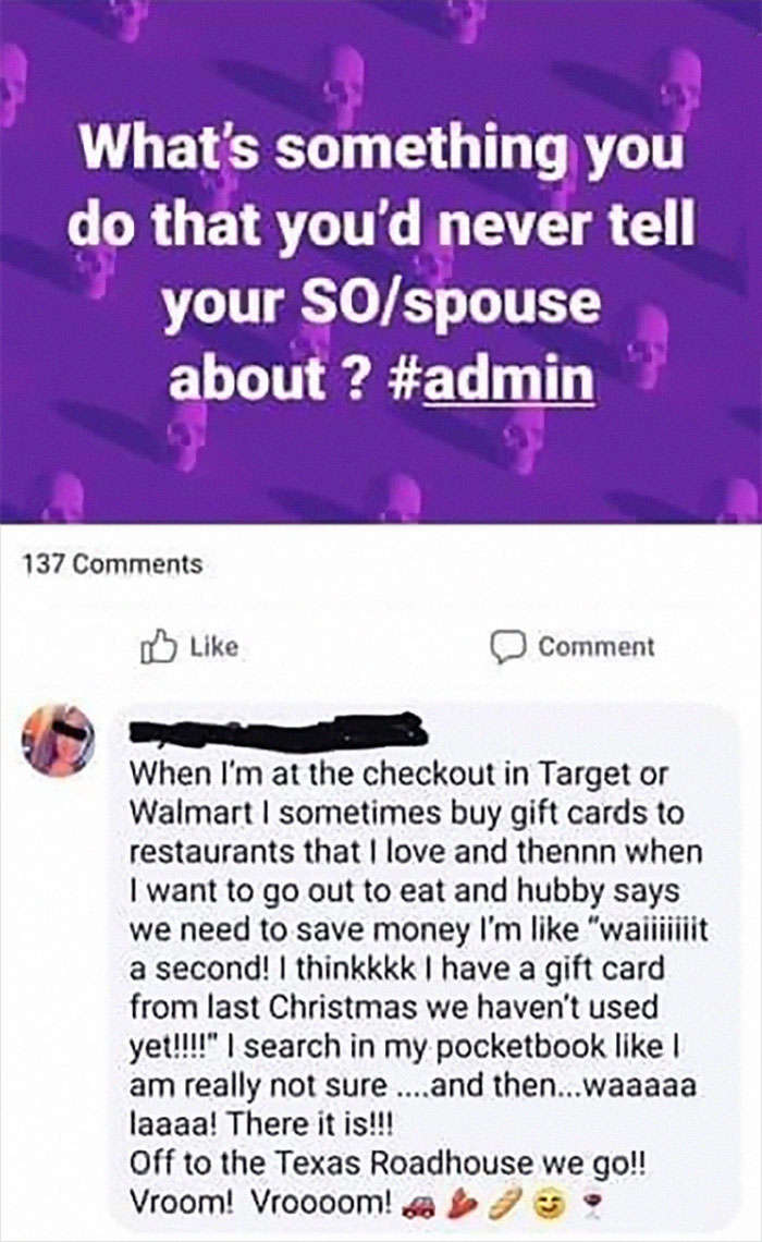 Funny marriage post about secretly buying gift cards and using them to dine out, from the Marriage And Martinis IG page.