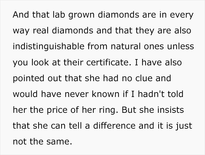 “AITA For Buying My Fiancée A Lab-Grown Diamond And Refusing To Exchange It For A Natural Stone?” “AITA For Buying My Fiancée A Lab-Grown Diamond And Refusing To Exchange It For A Natural Stone?”