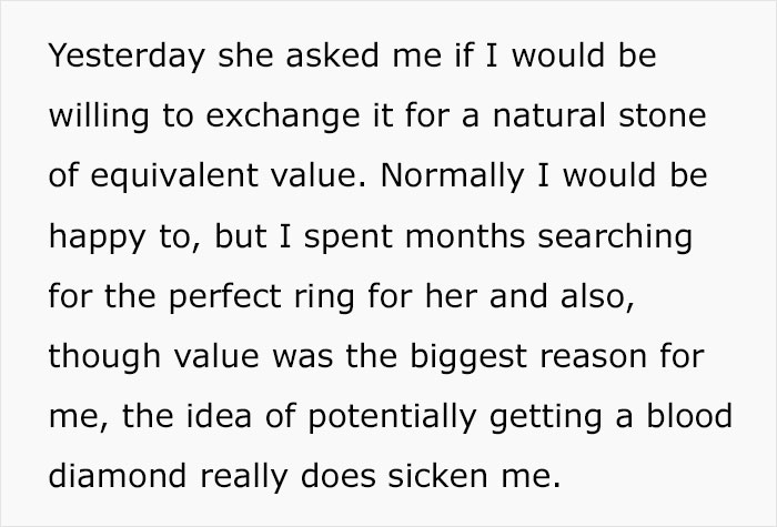 “AITA For Buying My Fiancée A Lab-Grown Diamond And Refusing To Exchange It For A Natural Stone?” “AITA For Buying My Fiancée A Lab-Grown Diamond And Refusing To Exchange It For A Natural Stone?”