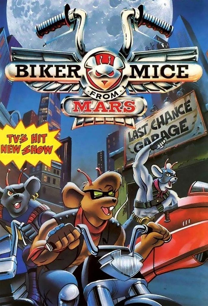Biker Mice from Mars cartoon with three animated mice riding motorcycles under a moonlit sky.