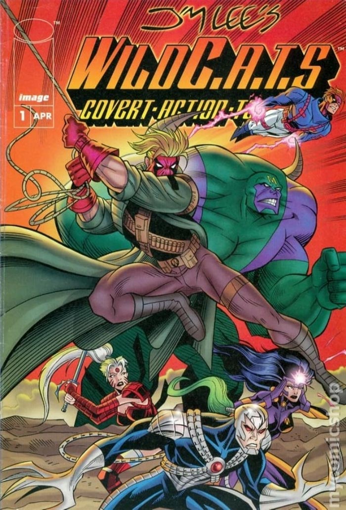 Cover art of '90s cartoon WildC.A.T.s showcasing colorful superhero characters in action poses.
