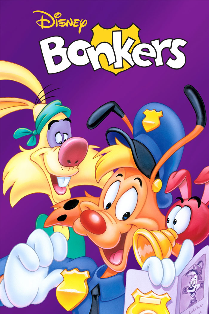 '90s cartoon characters from “Bonkers” in colorful outfits on a purple background.