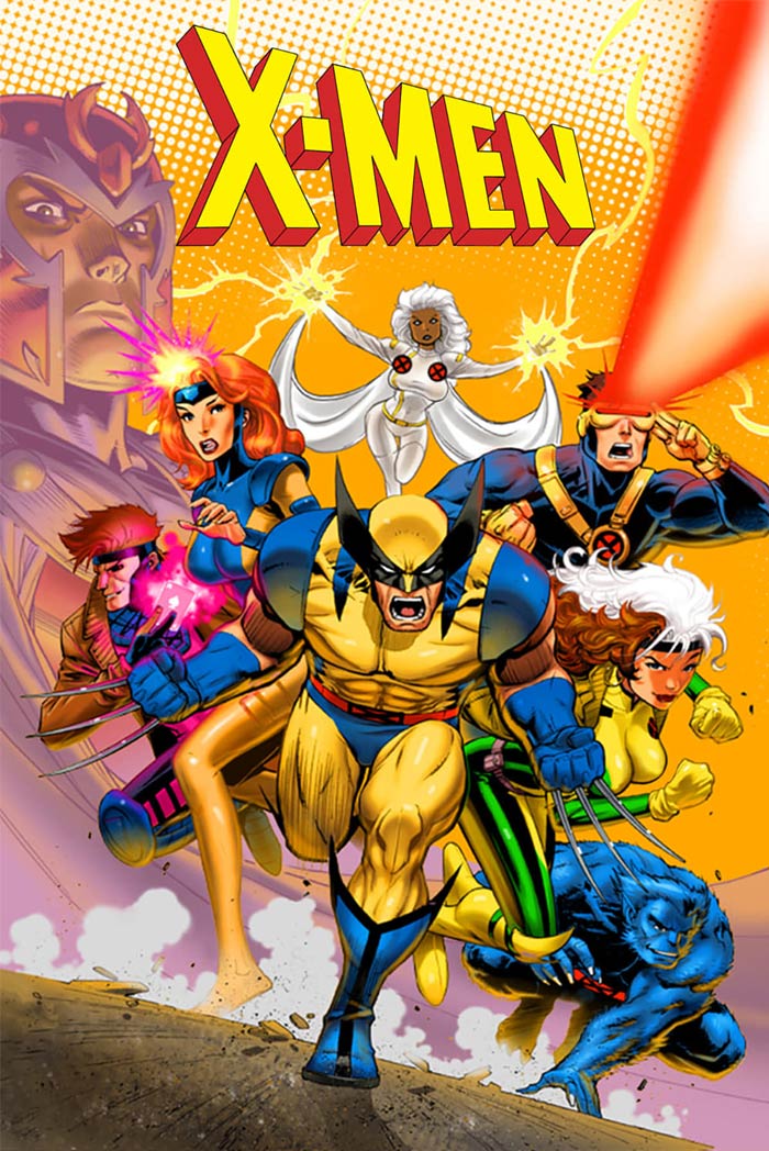 '90s cartoon featuring X-Men characters in action-packed poses against a vibrant background.