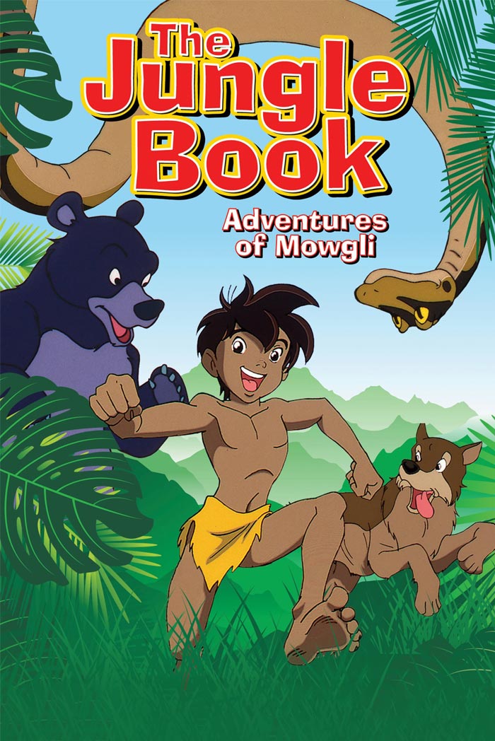 ’90s cartoon featuring Mowgli, Baloo, and other jungle animals in "The Jungle Book: Adventures of Mowgli" poster.