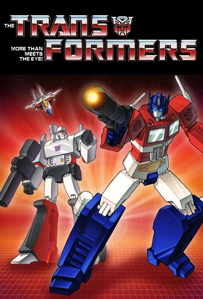 '90s cartoons: Transformers characters in action pose with red and orange background.