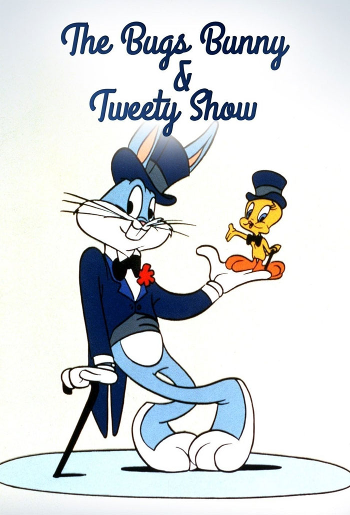 90s cartoons featuring Bugs Bunny in a suit with Tweety on his hand, both wearing top hats.