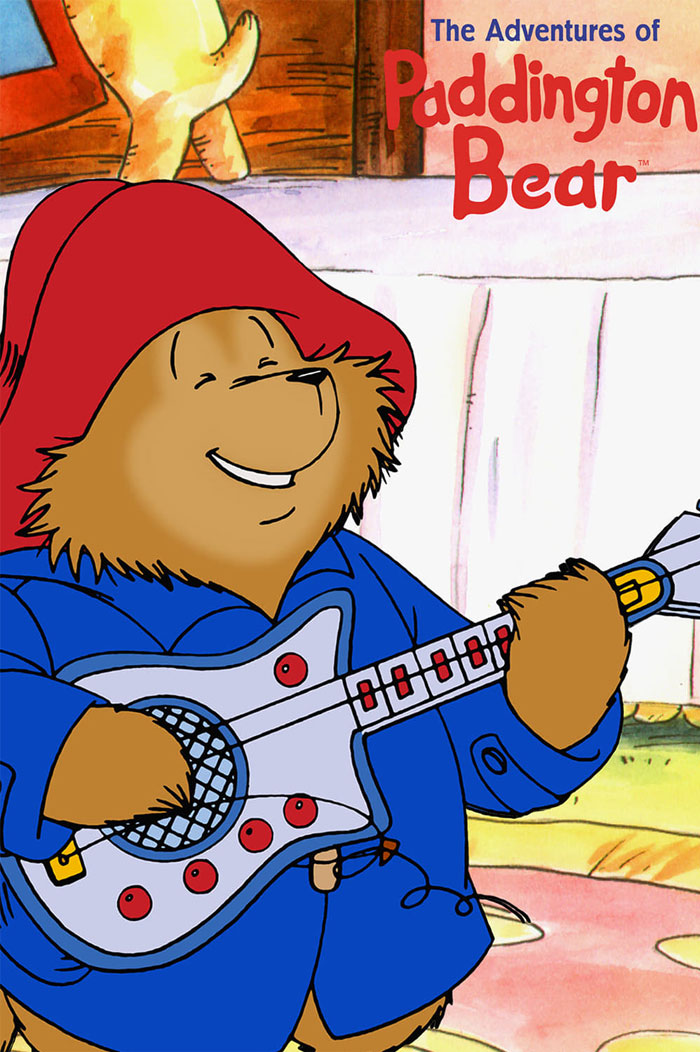 Cartoon bear with red hat and blue coat playing guitar in a 90s animation style.