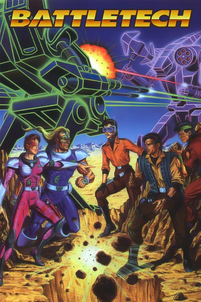 '90s cartoons: Battletech characters on a futuristic landscape with robots and explosions.