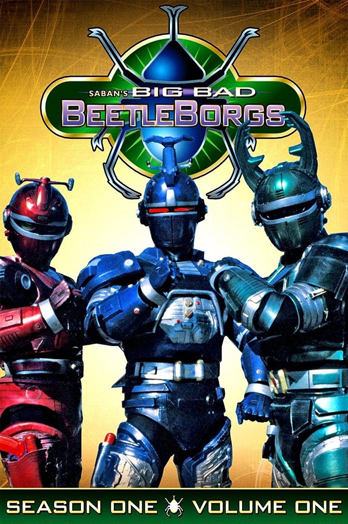 Big Bad Beetleborgs characters in colorful armor from '90s cartoons, season one cover art.