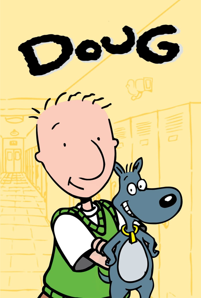 Cartoon character Doug and his dog Porkchop in a school hallway, representing popular '90s cartoons.