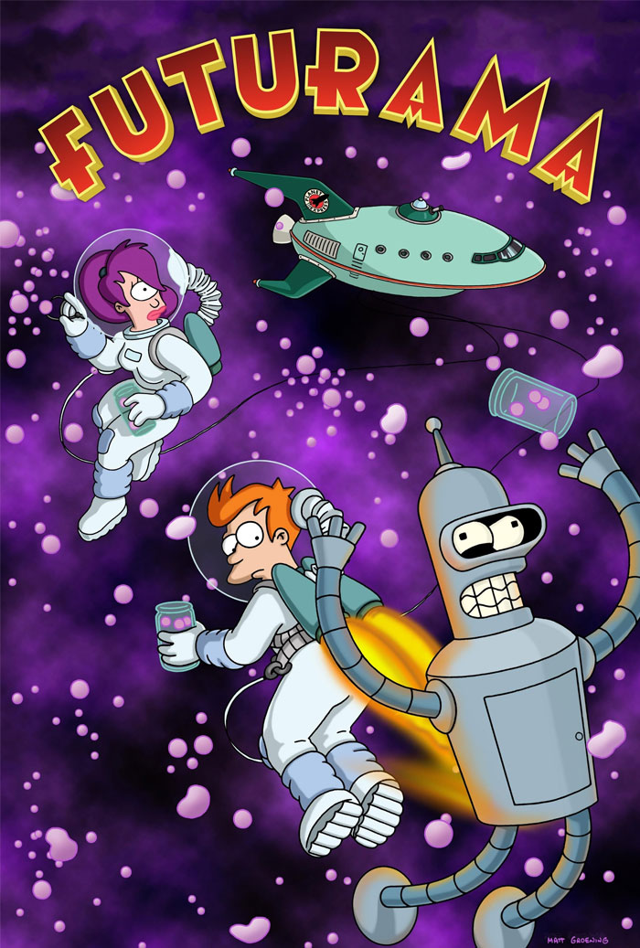 ‘90s cartoon characters in space suits with a spaceship against a purple cosmic background.