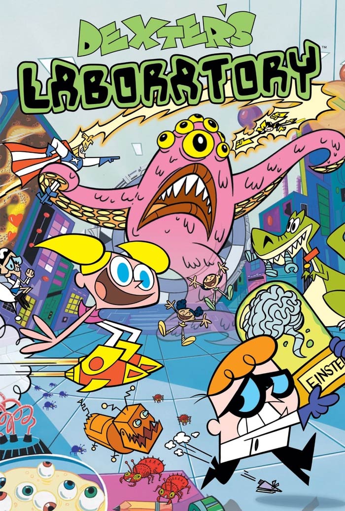 Cartoon characters in a chaotic lab scene, featuring '90s cartoon elements and vibrant action.