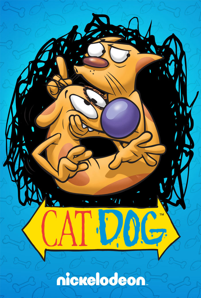 CatDog cartoon characters from the ‘90s on a blue background with fish and bones pattern, Nickelodeon logo below.