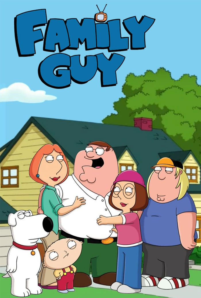 '90s cartoon "Family Guy" characters standing in front of a house.